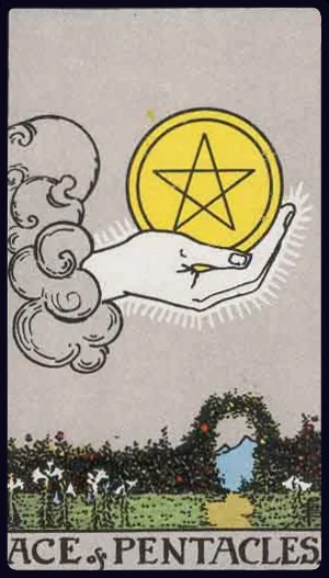 Ace of Pentacles, from the 1909 Rider-Waite-Smith tarot
