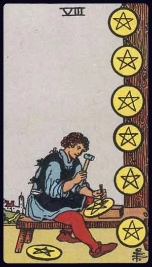 Eight of Pentacles, from the 1909 Rider-Waite-Smith tarot