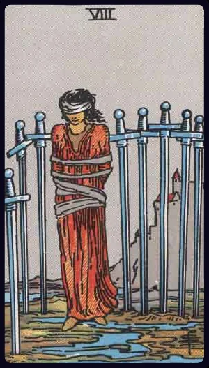 Eight of Swords, from the 1909 Rider-Waite-Smith tarot