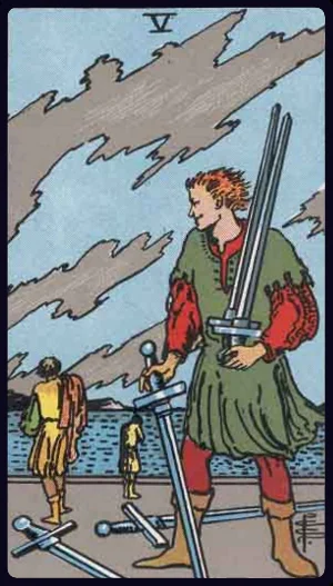 Five of Swords, from the 1909 Rider-Waite-Smith tarot