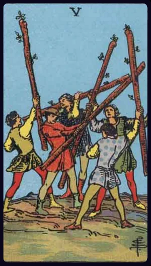 Five of Wands, from the 1909 Rider-Waite-Smith tarot
