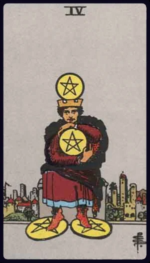 Four of Pentacles, from the 1909 Rider-Waite-Smith tarot