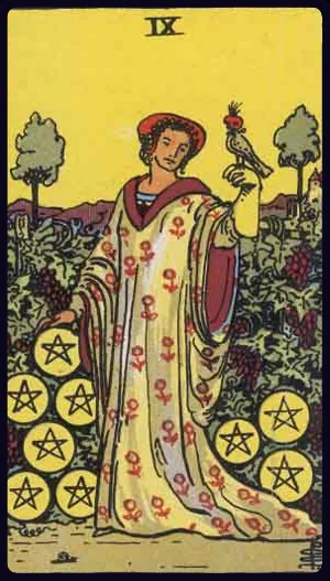 Nine of Pentacles, from the 1909 Rider-Waite-Smith tarot