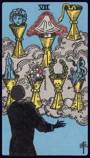Seven of Cups, from the 1909 Rider-Waite-Smith tarot