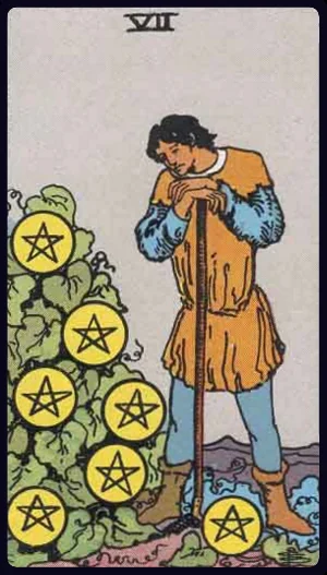 Seven of Pentacles, from the 1909 Rider-Waite-Smith tarot