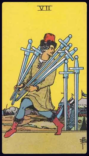 Seven of Swords, from the 1909 Rider-Waite-Smith tarot