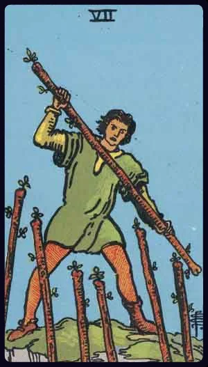 Seven of Wands, from the 1909 Rider-Waite-Smith tarot
