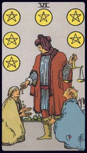 Six of Pentacles, from the 1909 Rider-Waite-Smith tarot