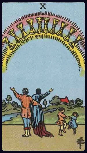 Ten of Cups, from the 1909 Rider-Waite-Smith tarot