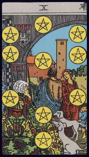 Ten of Pentacles, from the 1909 Rider-Waite-Smith tarot