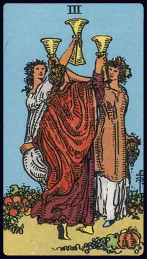 Three of Cups, from the 1909 Rider-Waite-Smith tarot