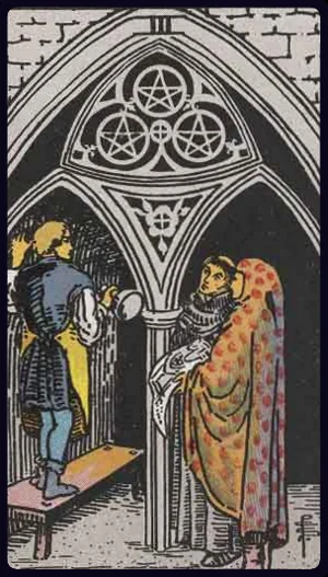 Three of Pentacles, from the 1909 Rider-Waite-Smith tarot