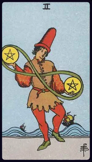 Two of Pentacles, from the 1909 Rider-Waite-Smith tarot