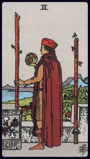 Two of Wands, from the 1909 Rider-Waite-Smith tarot